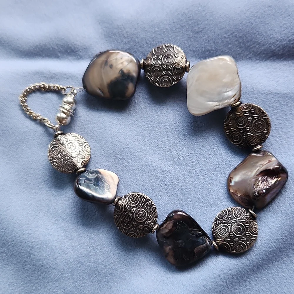 Handmade Oyster Shell & Embossed Spheres Bracelet  Size 7-8